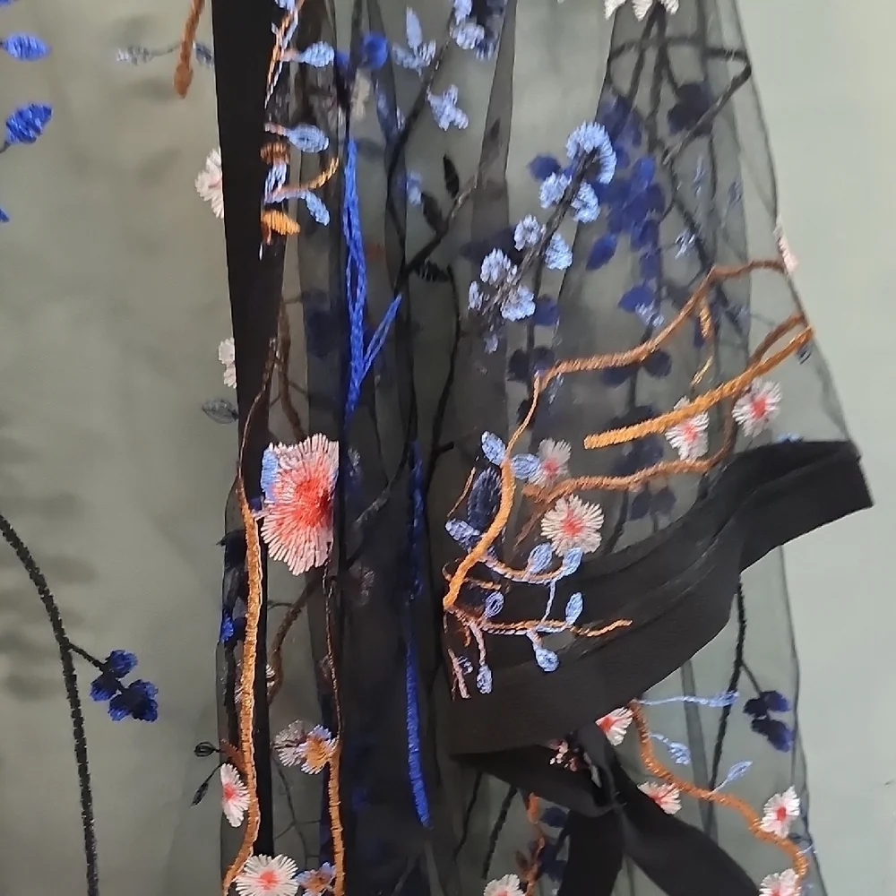 Highness Sheer Black Kimono with Floral Embroidery